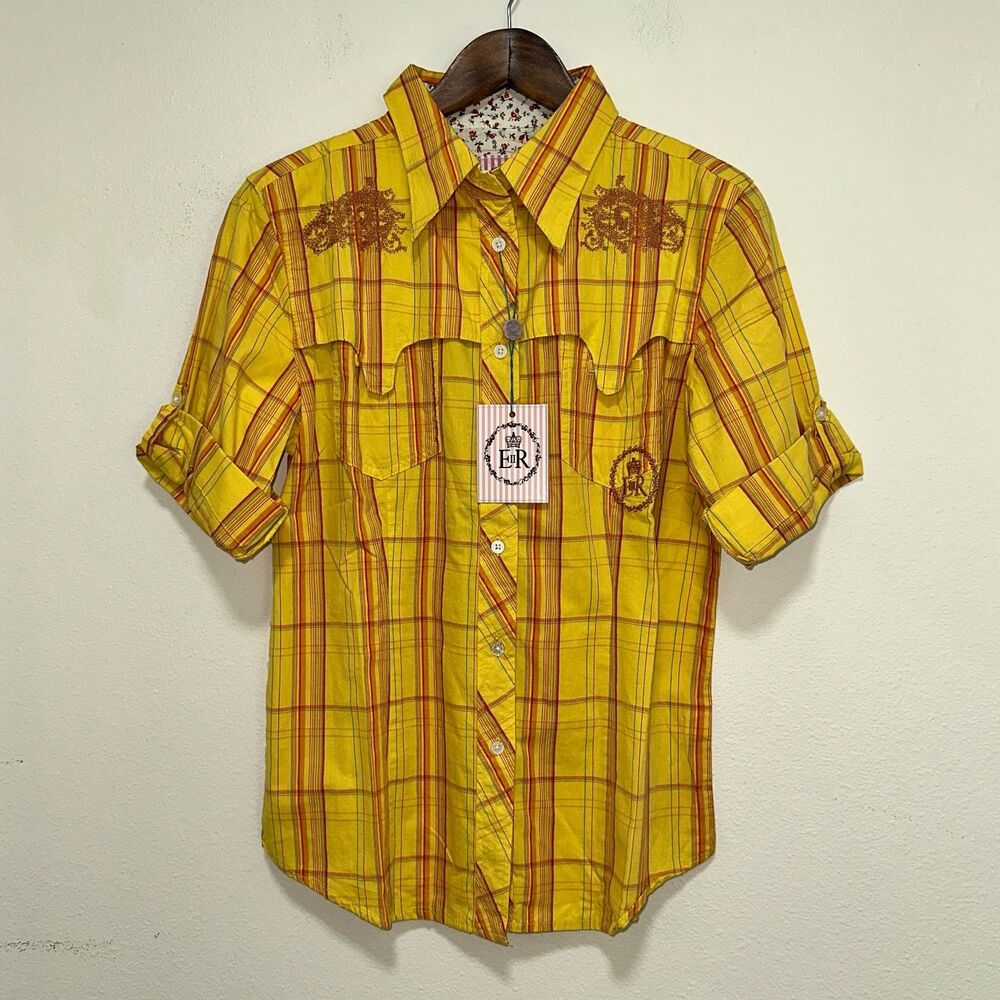 English Rose Blouse Shirt Womens XL Plaid Yellow Short Sleeve Embroidered NWT
